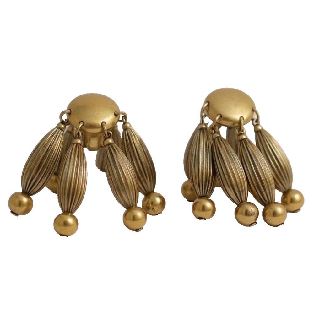 Vintage Napier Brass Dangle Earrings Signed Ribbed Domed 1950s MCMStatement Clip